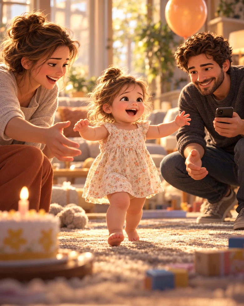 Ella takes her first steps toward her mother while her father records the moment in their sunlit home.