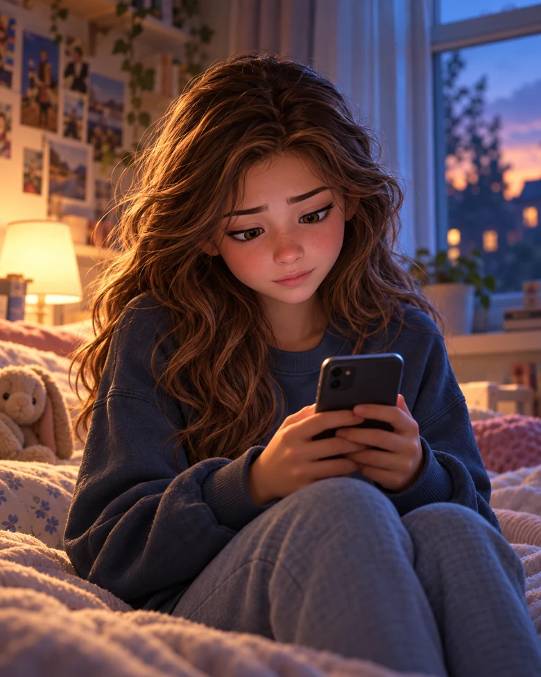 Thirteen-year-old Ella holds her own phone in her bedroom, quietly preparing to post for herself for the first time.