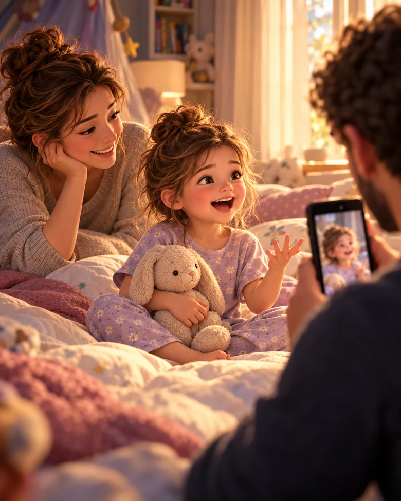 Four-year-old Ella laughs with her mother, holding her favorite stuffed rabbit, as her father films her.