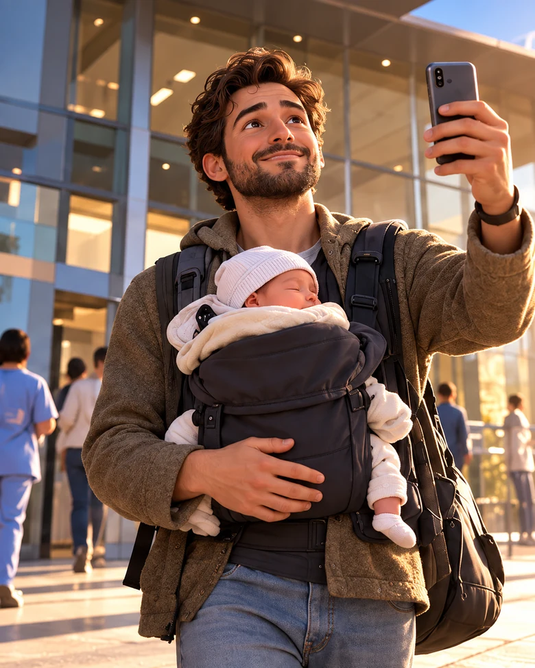 The new father carries his newborn in a chest carrier outside the hospital, holding up a phone for a photograph in warm sunlight.