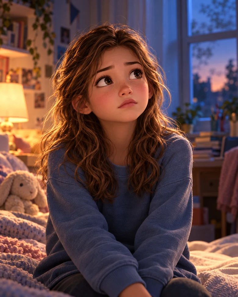 Older Ella sits quietly in her room. Copies of her childhood photographs spread beyond the original post.